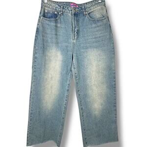 Edikted Faded High Waist Baggy Frayed Hem Low-Slung Wide Leg Denim Jeans Medium